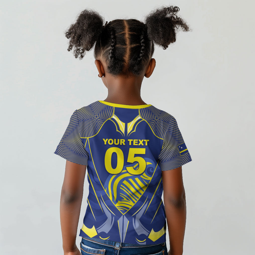 Custom Curacao Football Kid T shirt Blue Wave Geometric Caribbean Sports Motif