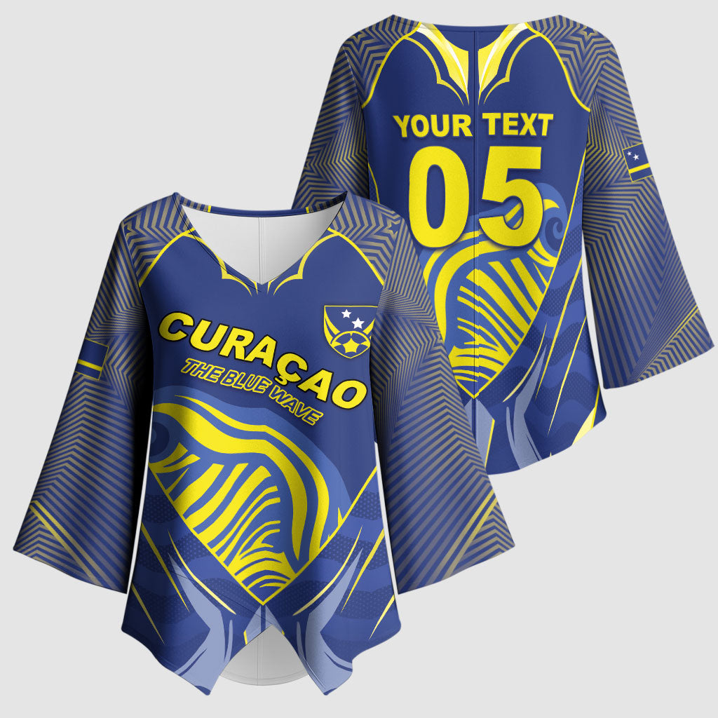 Custom Curacao Football Kimono Sleeve Blouse Blue Wave Geometric Caribbean Sports Motif