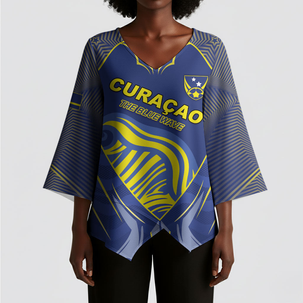 Custom Curacao Football Kimono Sleeve Blouse Blue Wave Geometric Caribbean Sports Motif