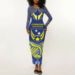 Custom Curacao Football Long Sleeve Bodycon Dress Blue Wave Geometric Caribbean Sports Motif