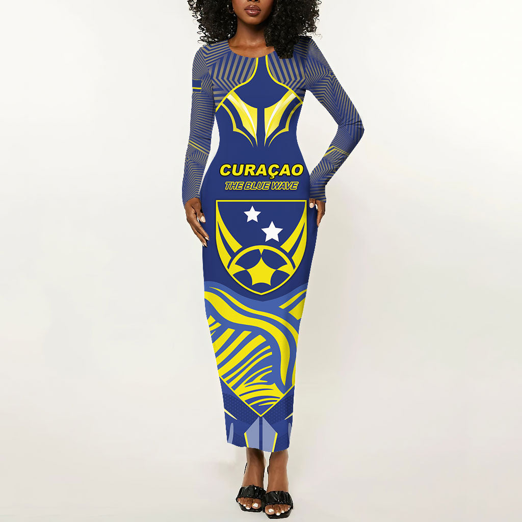Custom Curacao Football Long Sleeve Bodycon Dress Blue Wave Geometric Caribbean Sports Motif