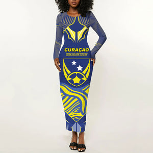 Custom Curacao Football Long Sleeve Bodycon Dress Blue Wave Geometric Caribbean Sports Motif