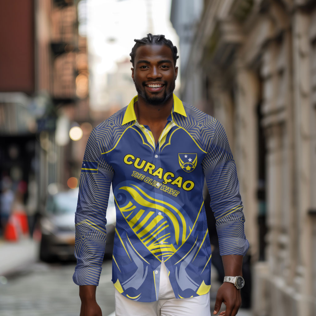 Custom Curacao Football Long Sleeve Button Shirt Blue Wave Geometric Caribbean Sports Motif