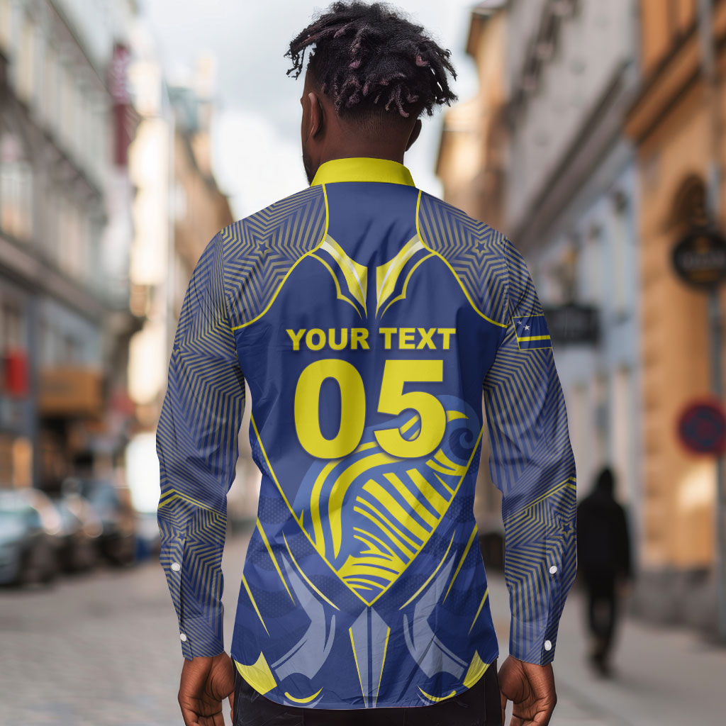Custom Curacao Football Long Sleeve Button Shirt Blue Wave Geometric Caribbean Sports Motif