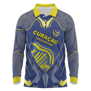 Custom Curacao Football Long Sleeve Polo Shirt Blue Wave Geometric Caribbean Sports Motif
