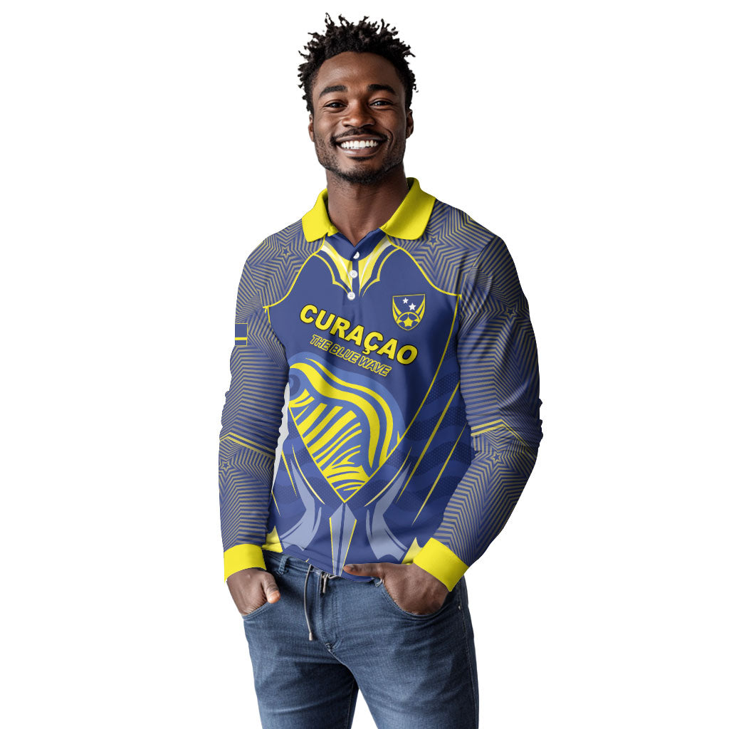 Custom Curacao Football Long Sleeve Polo Shirt Blue Wave Geometric Caribbean Sports Motif