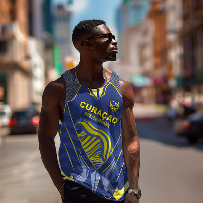 Custom Curacao Football Men Tank Top Blue Wave Geometric Caribbean Sports Motif