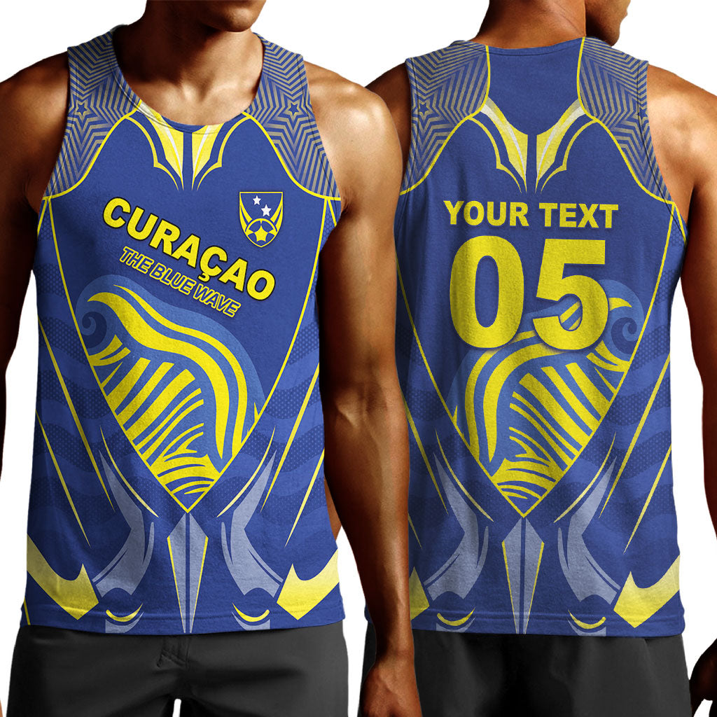 Custom Curacao Football Men Tank Top Blue Wave Geometric Caribbean Sports Motif