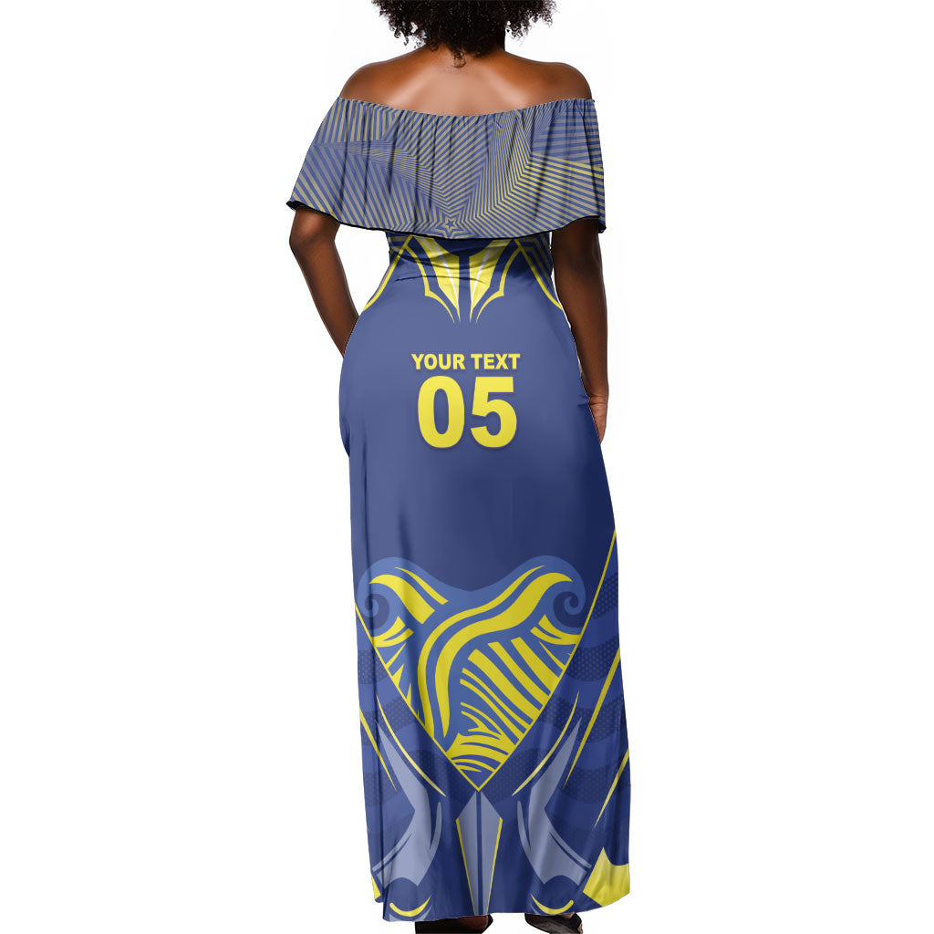 Custom Curacao Football Off Shoulder Maxi Dress Blue Wave Geometric Caribbean Sports Motif