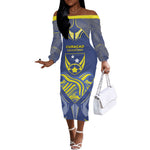 Custom Curacao Football Off The Shoulder Long Sleeve Dress Blue Wave Geometric Caribbean Sports Motif