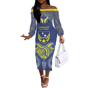Custom Curacao Football Off The Shoulder Long Sleeve Dress Blue Wave Geometric Caribbean Sports Motif