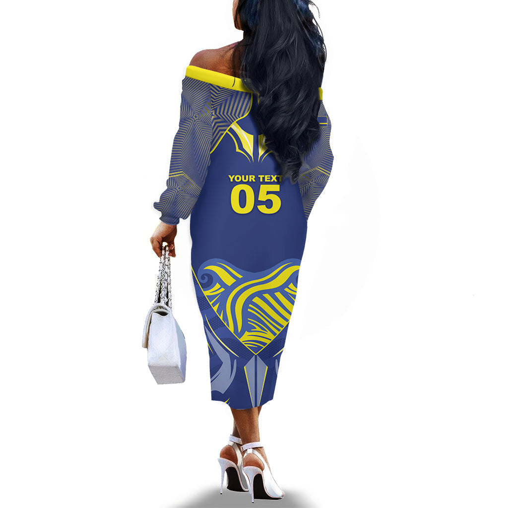 Custom Curacao Football Off The Shoulder Long Sleeve Dress Blue Wave Geometric Caribbean Sports Motif