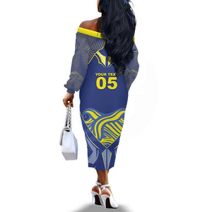 Custom Curacao Football Off The Shoulder Long Sleeve Dress Blue Wave Geometric Caribbean Sports Motif
