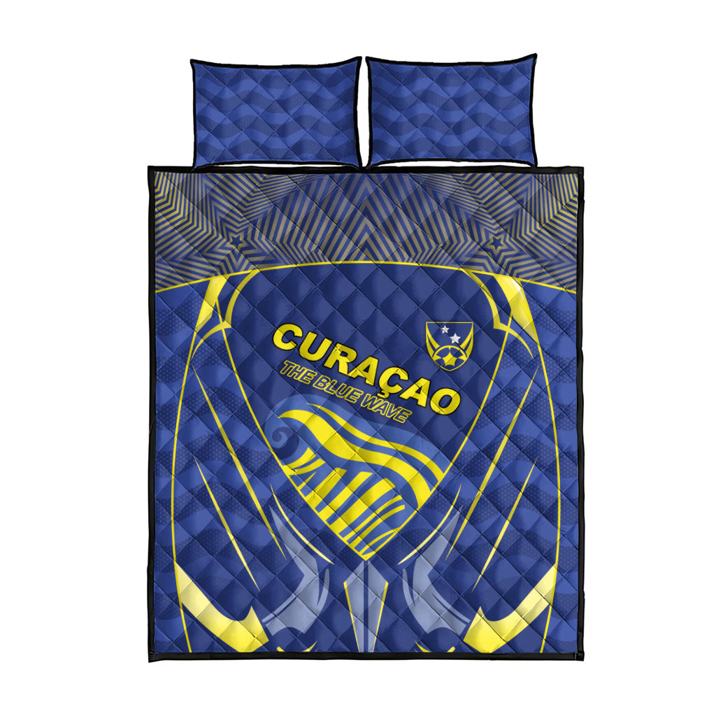 Curacao Football Quilt Bed Set Blue Wave Geometric Caribbean Sports Motif