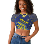 Custom Curacao Football Raglan Cropped T shirt Blue Wave Geometric Caribbean Sports Motif