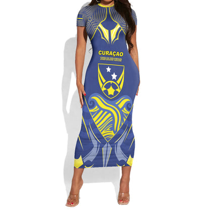 Custom Curacao Football Short Sleeve Bodycon Dress Blue Wave Geometric Caribbean Sports Motif