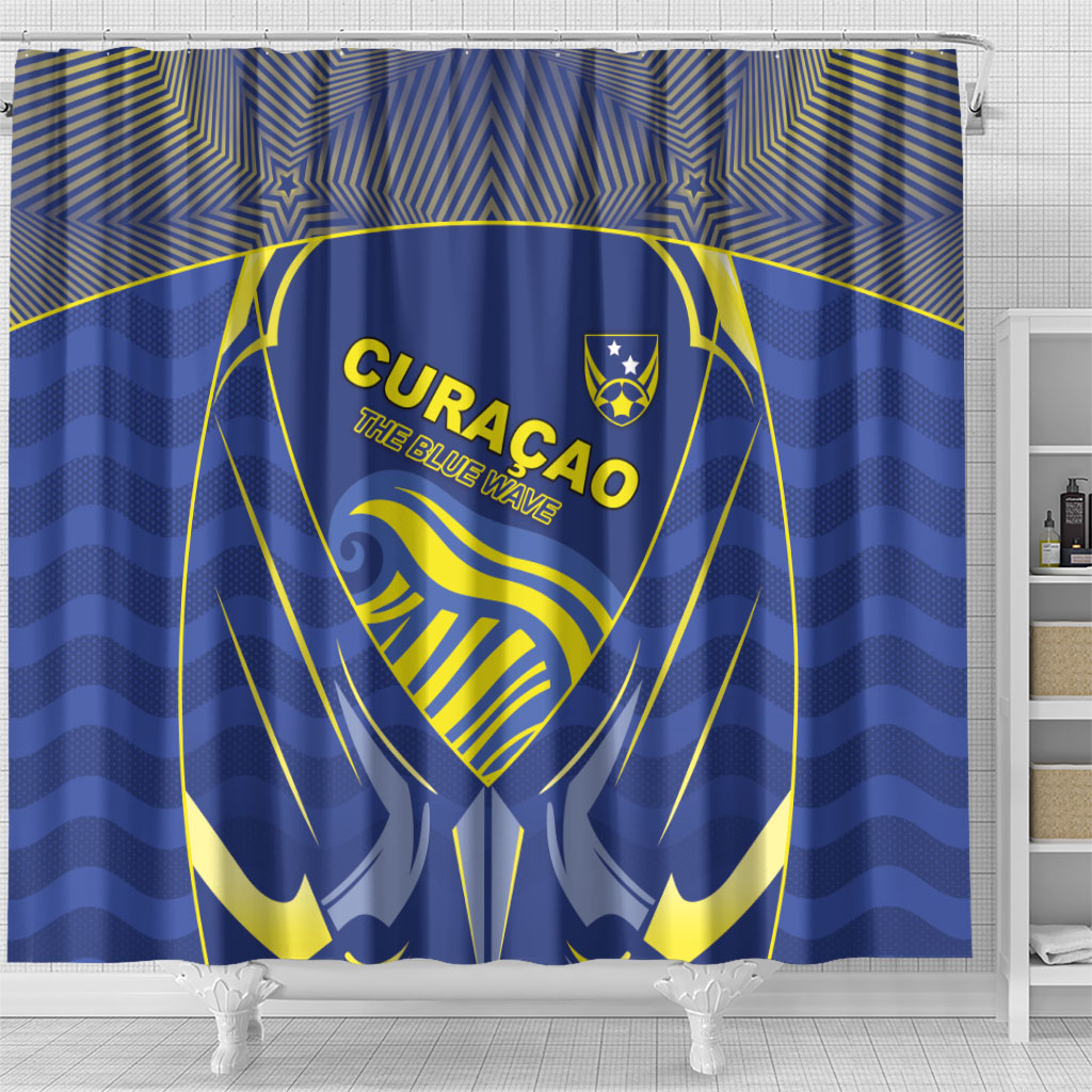 Curacao Football Shower Curtain Blue Wave Geometric Caribbean Sports Motif