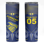 Custom Curacao Football Skinny Tumbler Blue Wave Geometric Caribbean Sports Motif