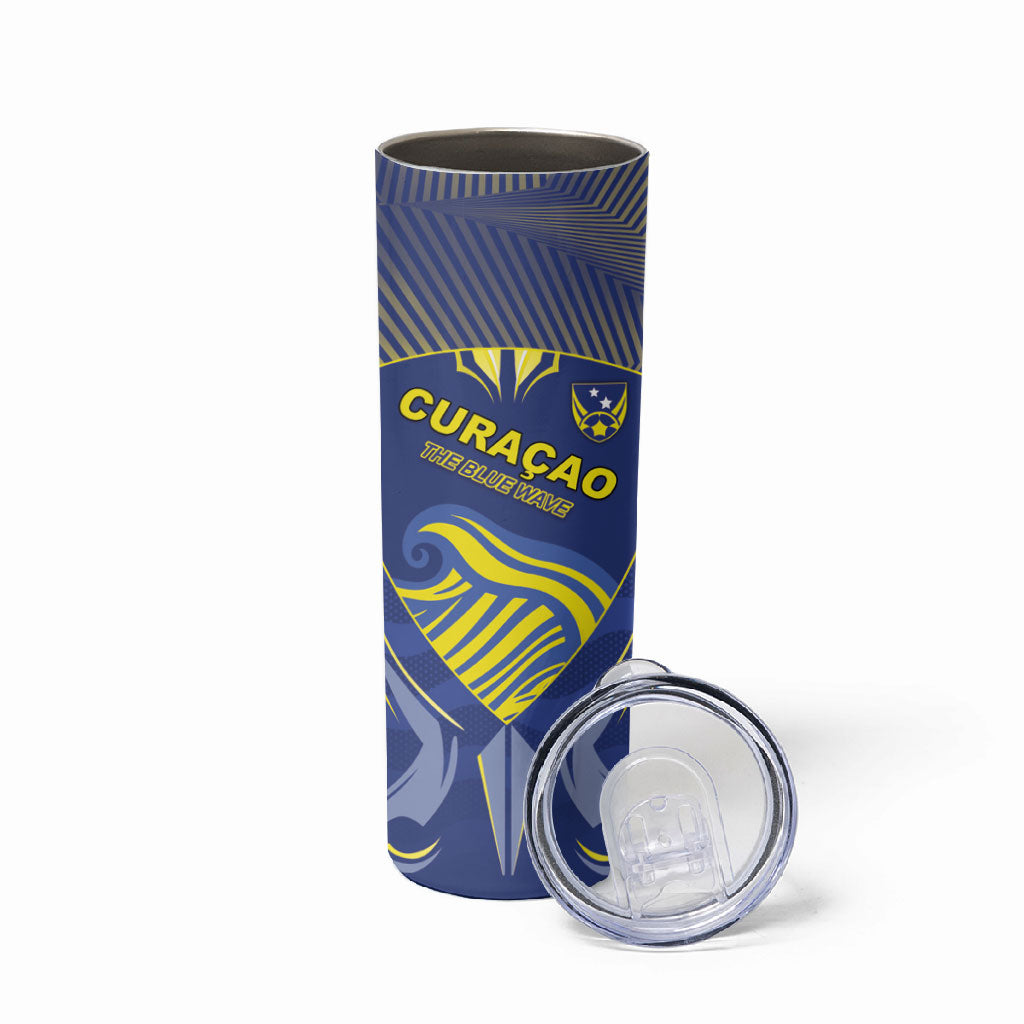 Custom Curacao Football Skinny Tumbler Blue Wave Geometric Caribbean Sports Motif