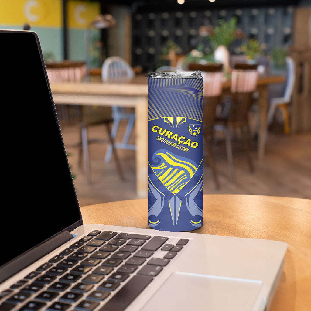 Custom Curacao Football Skinny Tumbler Blue Wave Geometric Caribbean Sports Motif