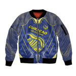 Custom Curacao Football Sleeve Zip Bomber Jacket Blue Wave Geometric Caribbean Sports Motif