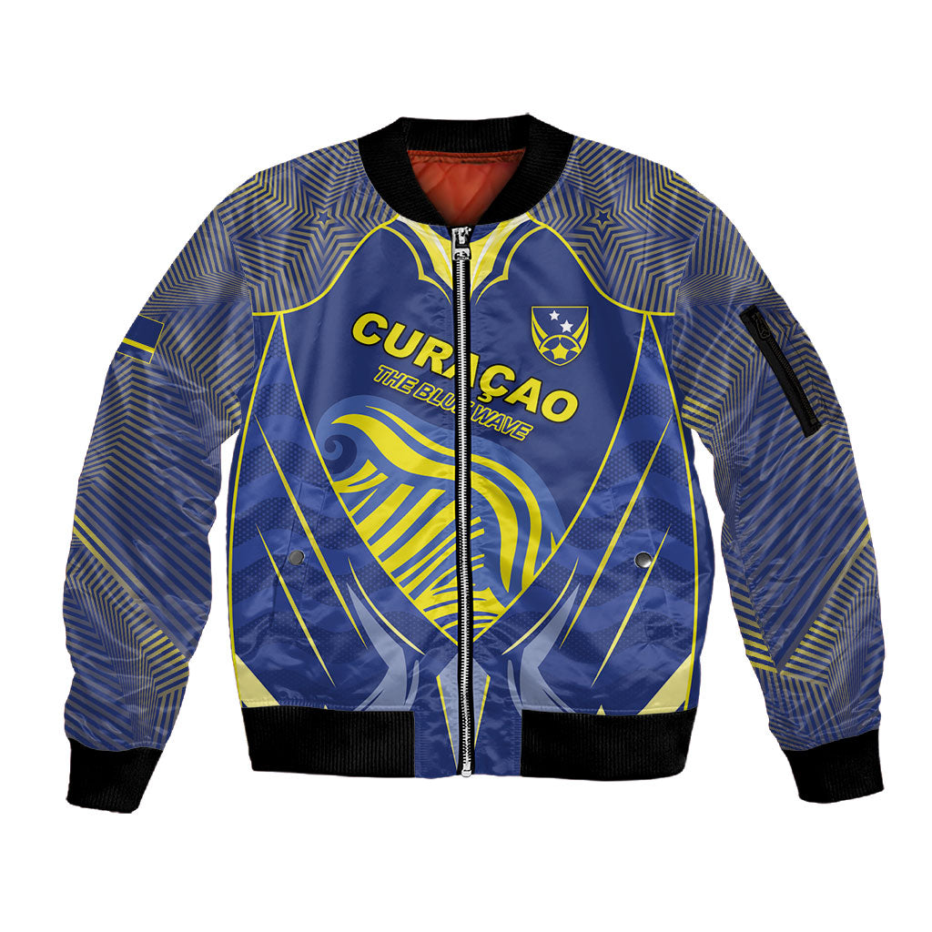 Custom Curacao Football Sleeve Zip Bomber Jacket Blue Wave Geometric Caribbean Sports Motif
