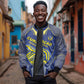 Custom Curacao Football Sleeve Zip Bomber Jacket Blue Wave Geometric Caribbean Sports Motif