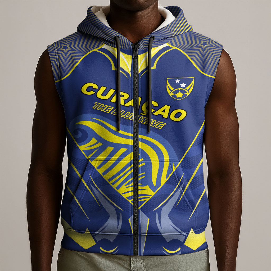 Custom Curacao Football Sleeveless Zip Hoodie Blue Wave Geometric Caribbean Sports Motif