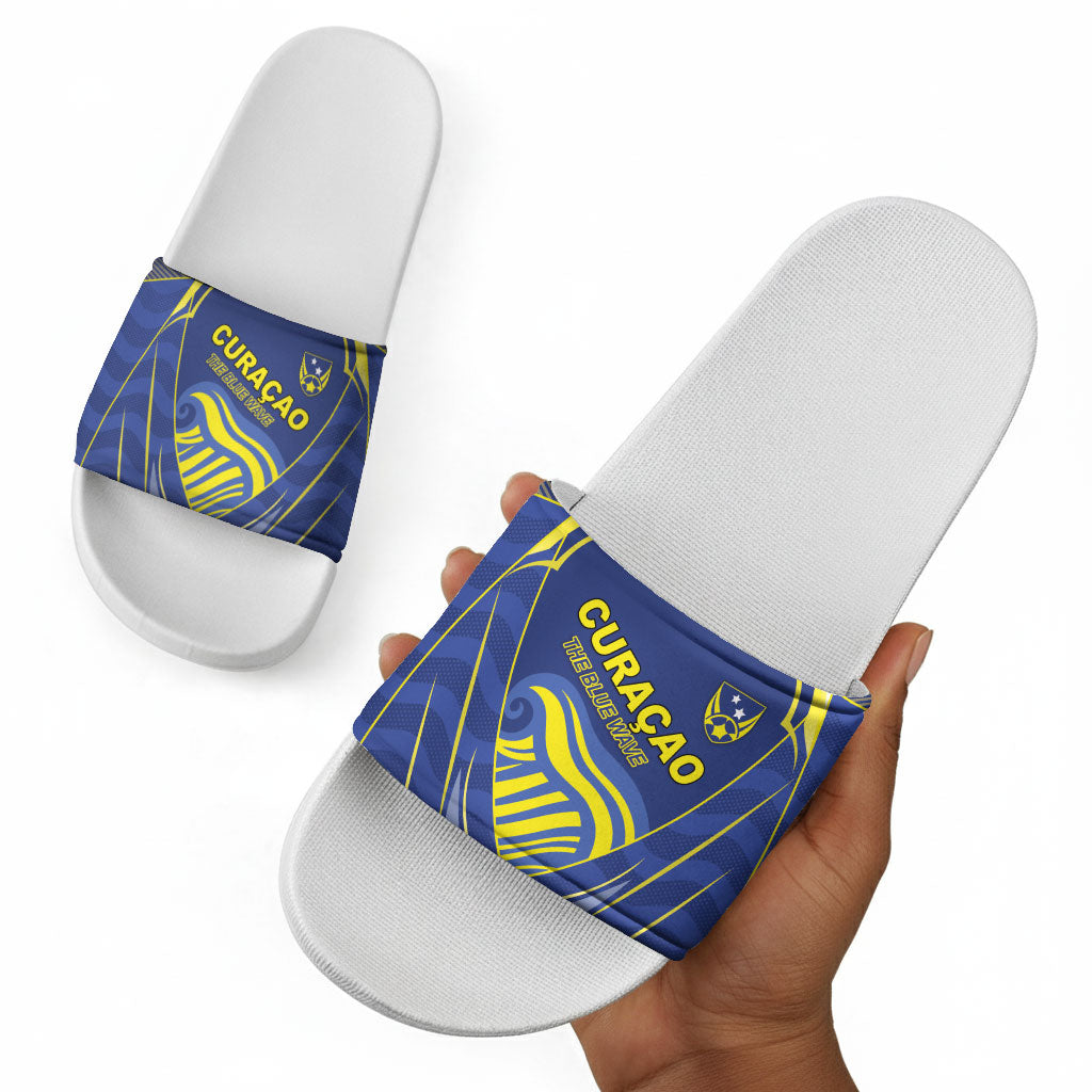 Curacao Football Slide Sandals Blue Wave Geometric Caribbean Sports Motif