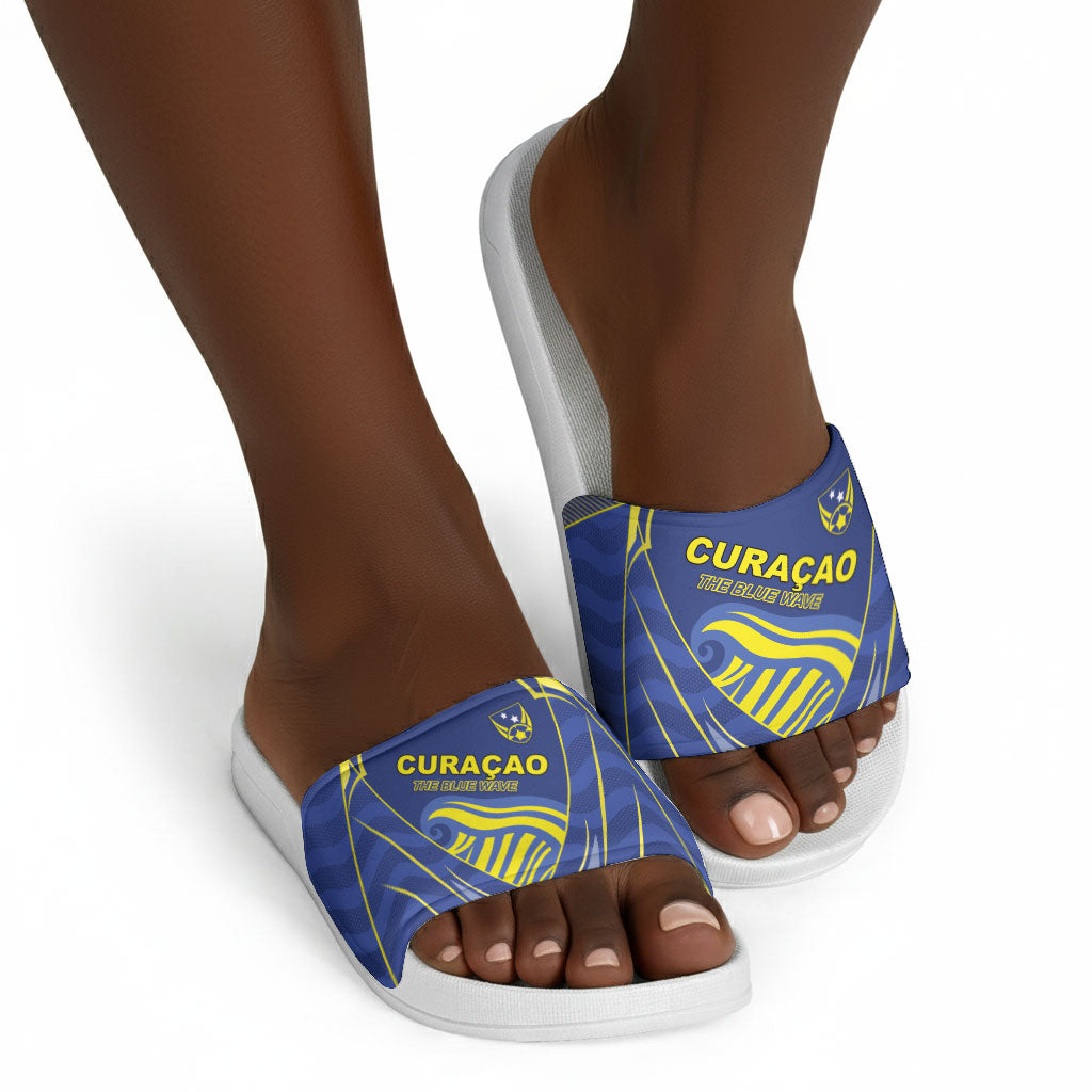 Curacao Football Slide Sandals Blue Wave Geometric Caribbean Sports Motif