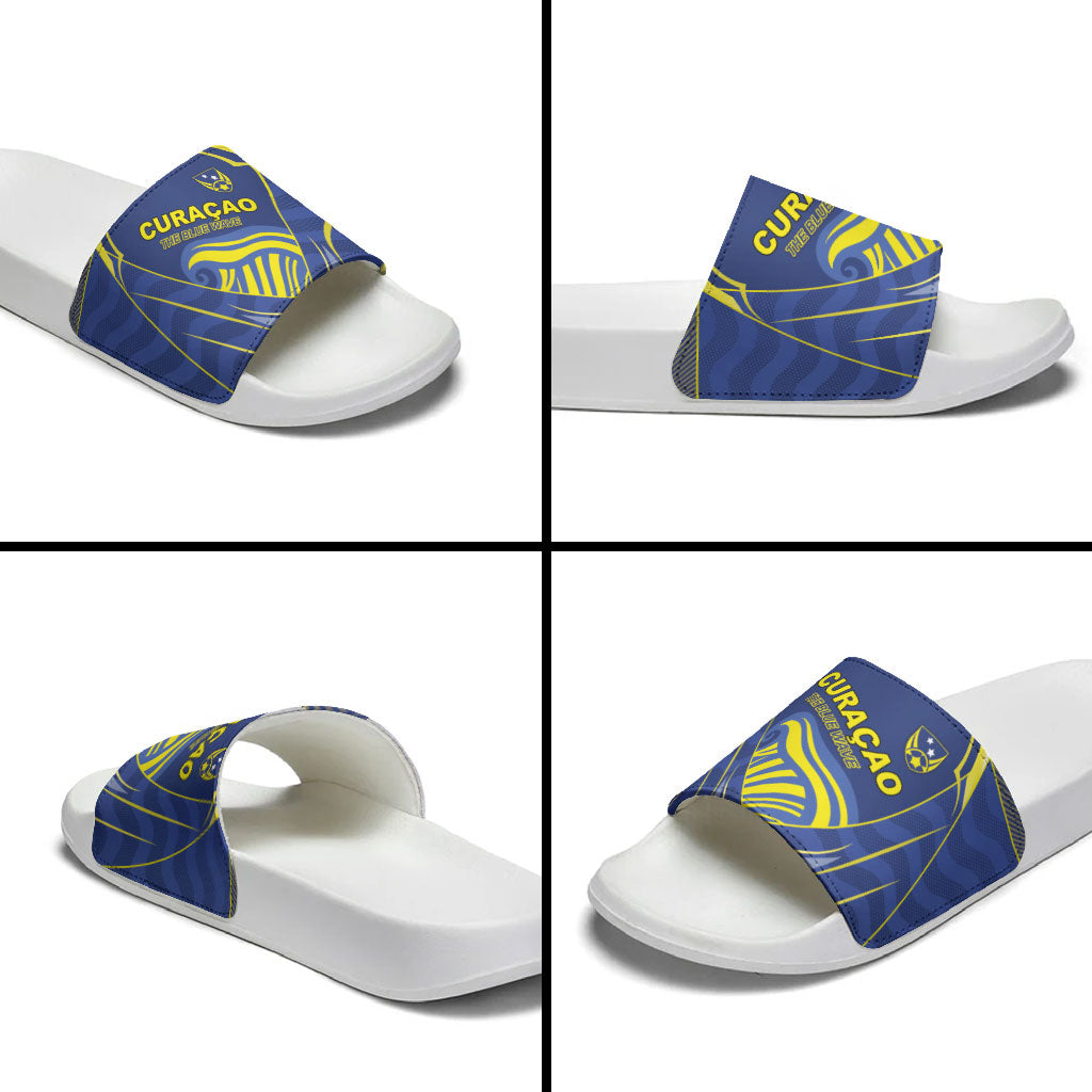 Curacao Football Slide Sandals Blue Wave Geometric Caribbean Sports Motif