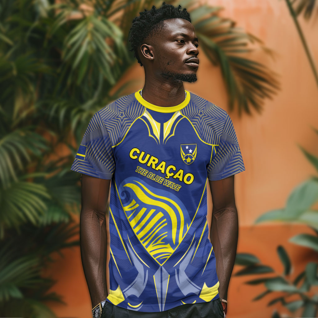 Custom Curacao Football T shirt Blue Wave Geometric Caribbean Sports Motif