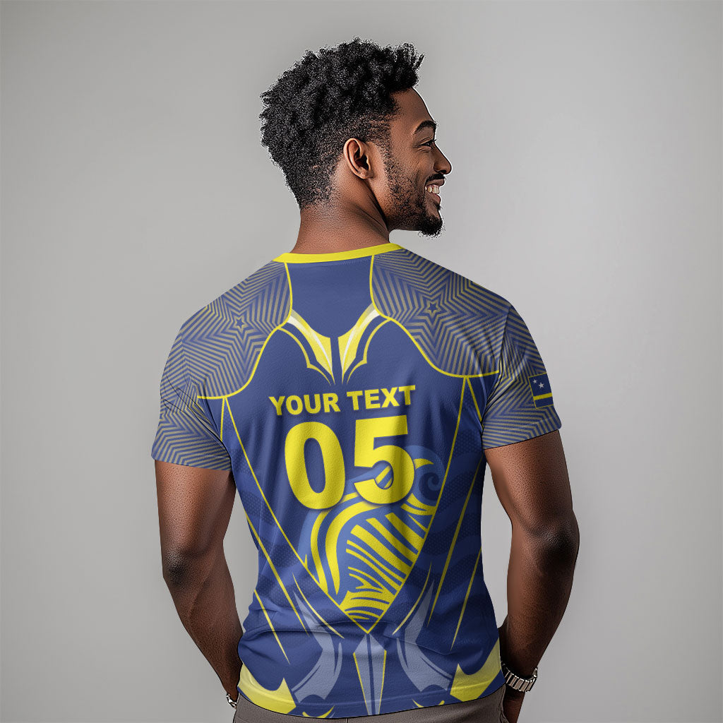 Custom Curacao Football T shirt Blue Wave Geometric Caribbean Sports Motif