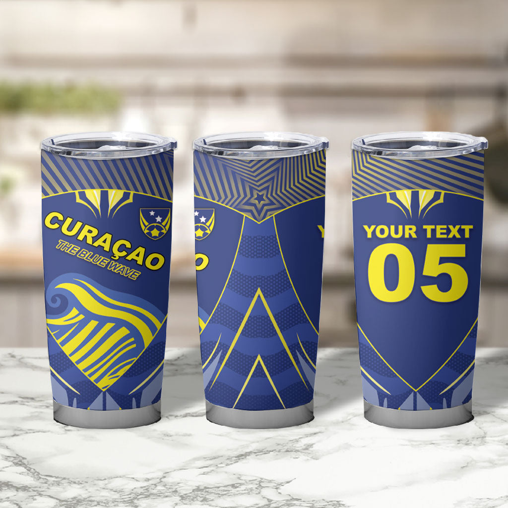 Custom Curacao Football Tumbler Cup Blue Wave Geometric Caribbean Sports Motif