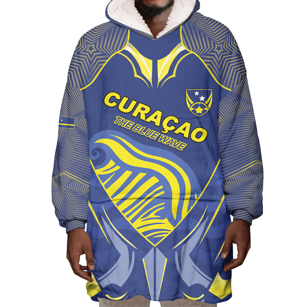 Custom Curacao Football Wearable Blanket Hoodie Blue Wave Geometric Caribbean Sports Motif