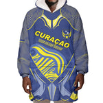 Custom Curacao Football Wearable Blanket Hoodie Blue Wave Geometric Caribbean Sports Motif