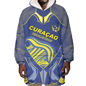 Custom Curacao Football Wearable Blanket Hoodie Blue Wave Geometric Caribbean Sports Motif