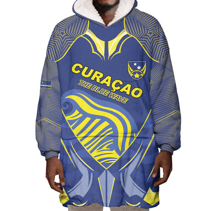 Custom Curacao Football Wearable Blanket Hoodie Blue Wave Geometric Caribbean Sports Motif