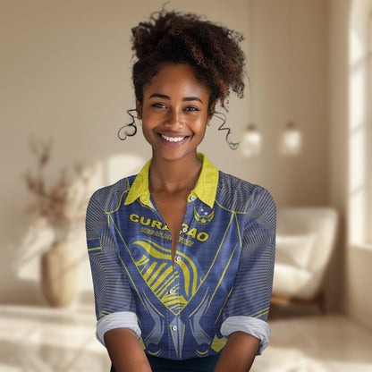 Custom Curacao Football Women Casual Shirt Blue Wave Geometric Caribbean Sports Motif