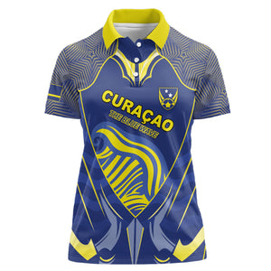 Custom Curacao Football Women Polo Shirt Blue Wave Geometric Caribbean Sports Motif