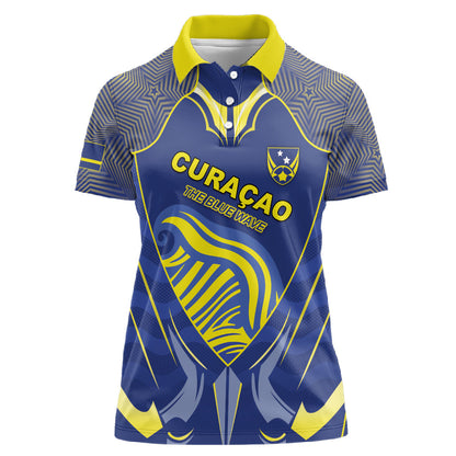 Custom Curacao Football Women Polo Shirt Blue Wave Geometric Caribbean Sports Motif