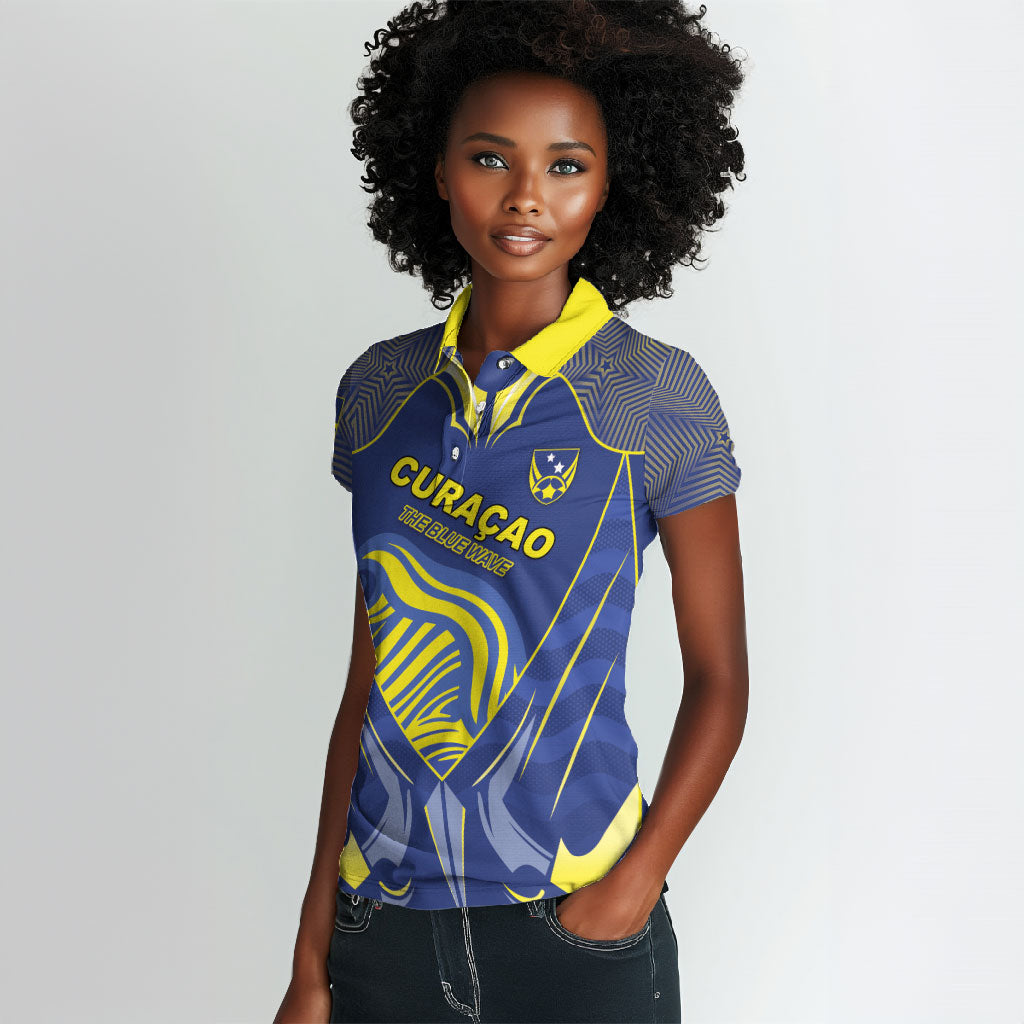 Custom Curacao Football Women Polo Shirt Blue Wave Geometric Caribbean Sports Motif