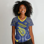 Custom Curacao Football Women V-Neck T-Shirt Blue Wave Geometric Caribbean Sports Motif