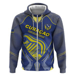 Custom Curacao Football Zip Hoodie Blue Wave Geometric Caribbean Sports Motif
