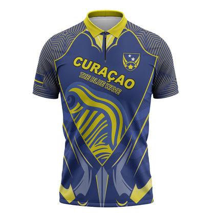 Custom Curacao Football Zipper Polo Shirt Blue Wave Geometric Caribbean Sports Motif