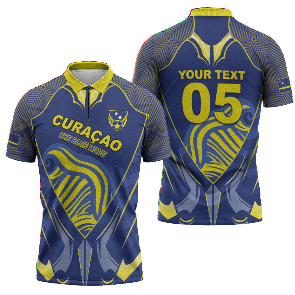 Custom Curacao Football Zipper Polo Shirt Blue Wave Geometric Caribbean Sports Motif
