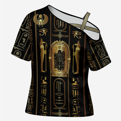 Egypt Cartouche Cross Shoulder Shirt Gold Pharaoh Hieroglyphics Patterns