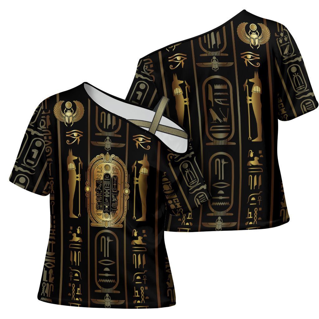 Egypt Cartouche Cross Shoulder Shirt Gold Pharaoh Hieroglyphics Patterns