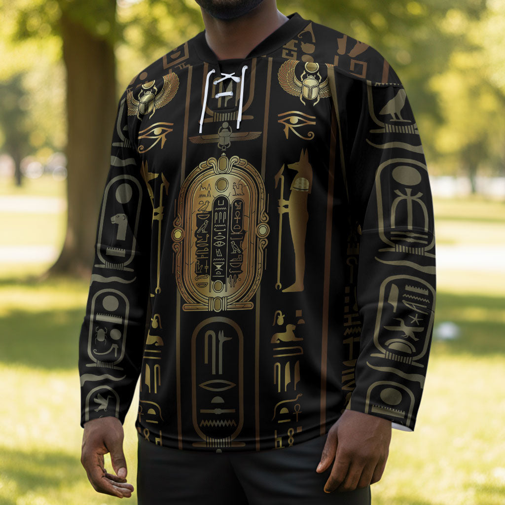 Egypt Cartouche Hockey Jersey Gold Pharaoh Hieroglyphics Patterns