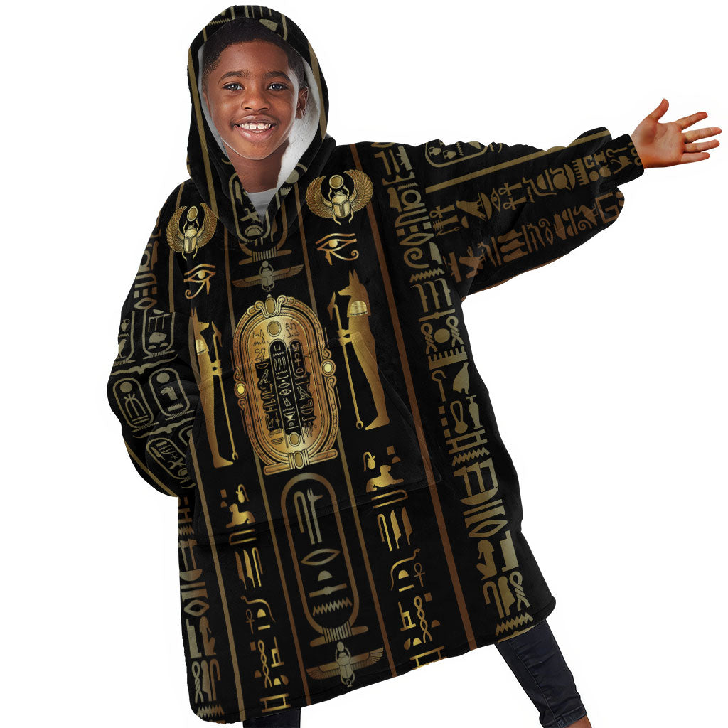 Egypt Cartouche Kid Wearable Blanket Hoodie Gold Pharaoh Hieroglyphics Patterns